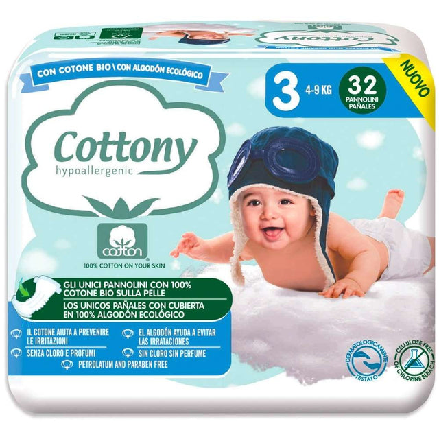 Pannolini Cottony con Cotone Bio - 3 Midi 4/9 kg 32 pezzi