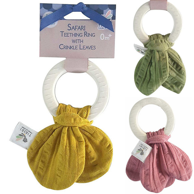 Multi-sensory ring teether in rubber and organic cotton