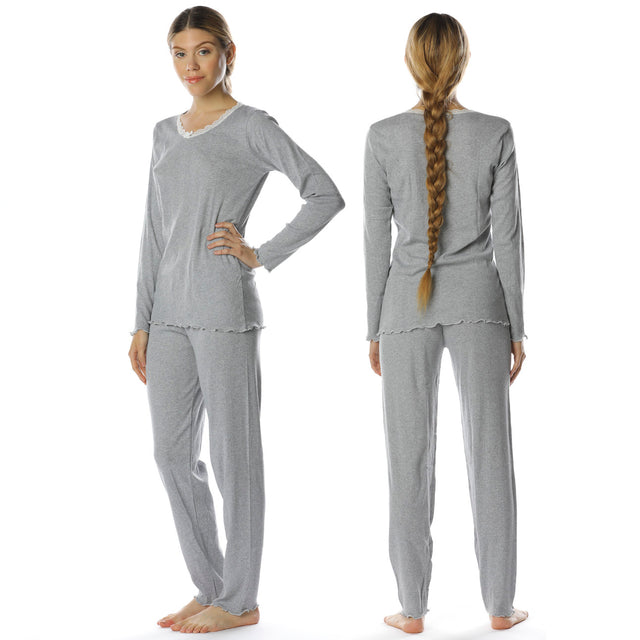 Long gray pajamas in natural ribbed cotton with lace