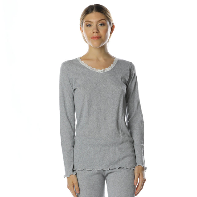 Long gray pajamas in natural ribbed cotton with lace