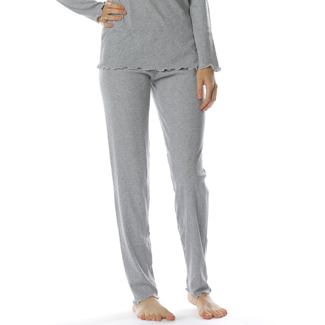 Long gray pajamas in natural ribbed cotton with lace