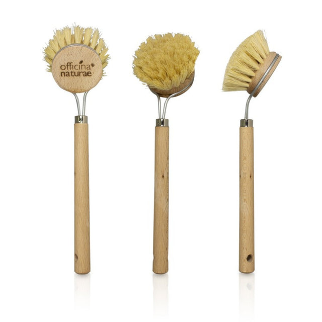 Dish brush with wooden handle and vegetable bristles