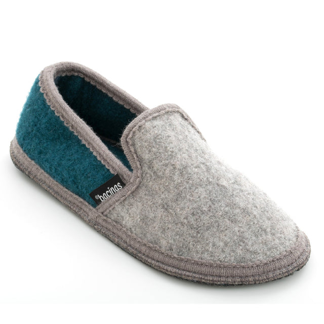 Closed slippers in pure boiled wool, two-tone gray and jade green