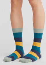 Medium green/blue/mustard striped socks in organic cotton