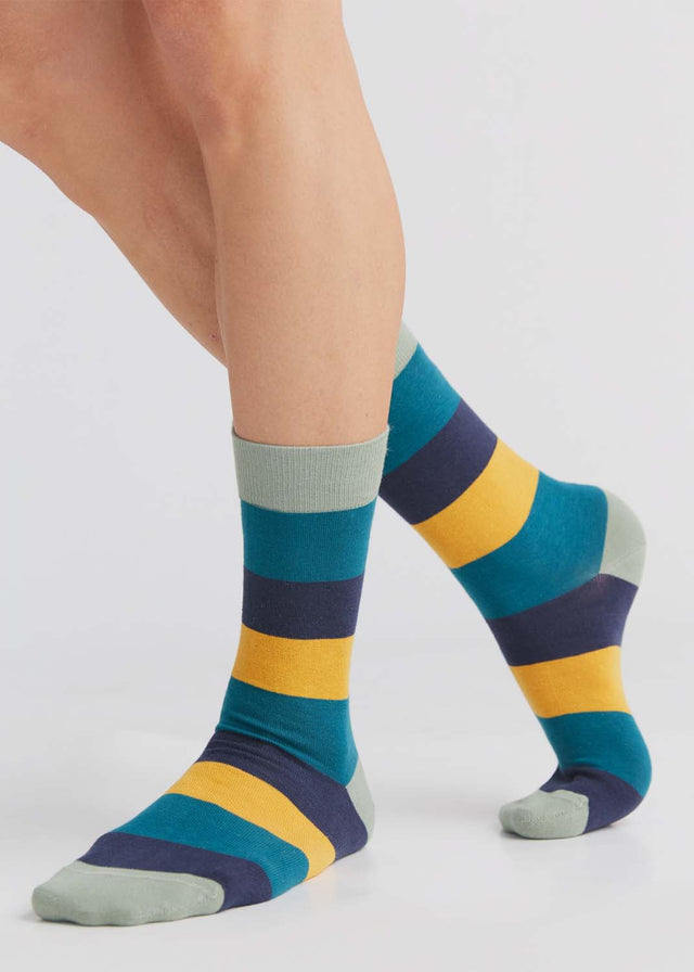 Medium green/blue/mustard striped socks in organic cotton