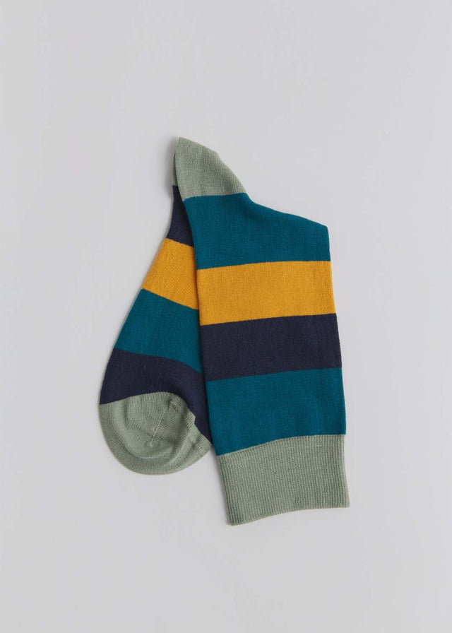 Medium green/blue/mustard striped socks in organic cotton