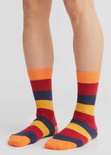 Medium socks with red/blue/mustard stripes in organic cotton