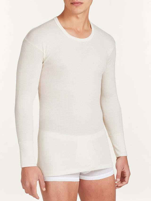 Men's crew-neck long-sleeved ribbed t-shirt in pure heavy merino wool