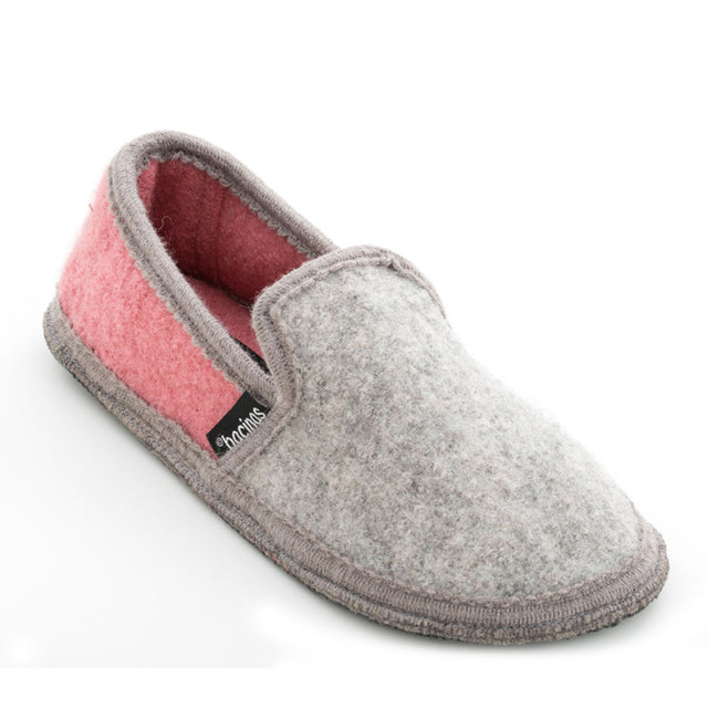 Closed slippers in pure boiled wool, two-tone gray pink