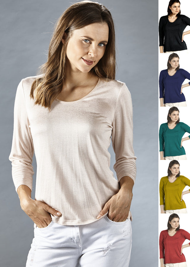 Maglia con manica 3/4 da donna in misto seta lino viscosa