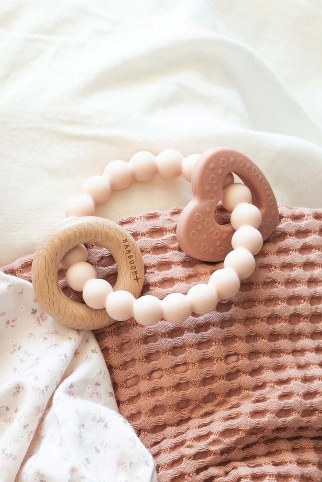 Wooden &amp; Silicone Teether Heart - Pink