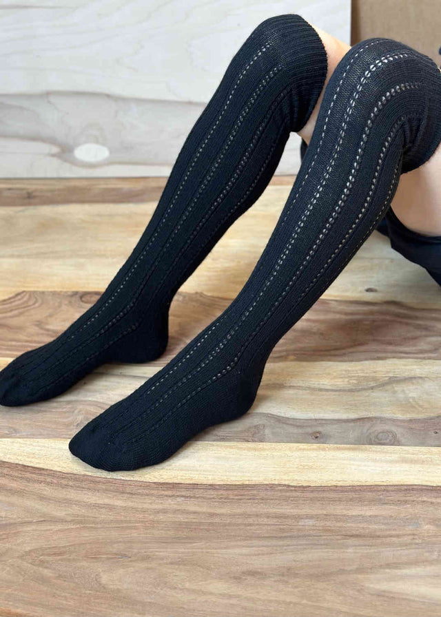 Black perforated women's knee-high socks in alpaca and wool