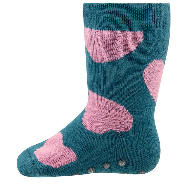 Non-slip Turquoise Hearts socks for girls in organic cotton