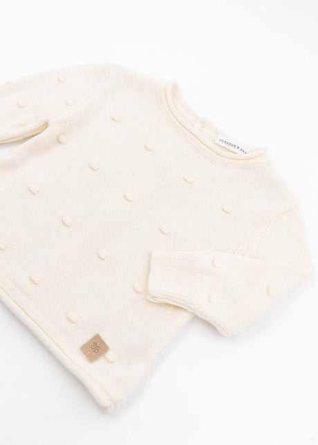 WHITE mini pom-pom sweater for newborns in organic bamboo