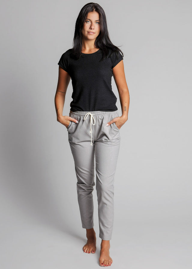 Gray drawstring trousers for women in organic hemp and cotton