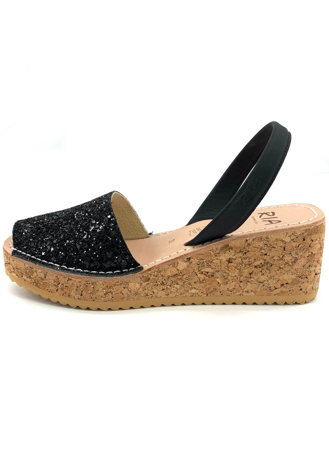 Minorchine Venecia Glitter platform sandals for women in leather and cork