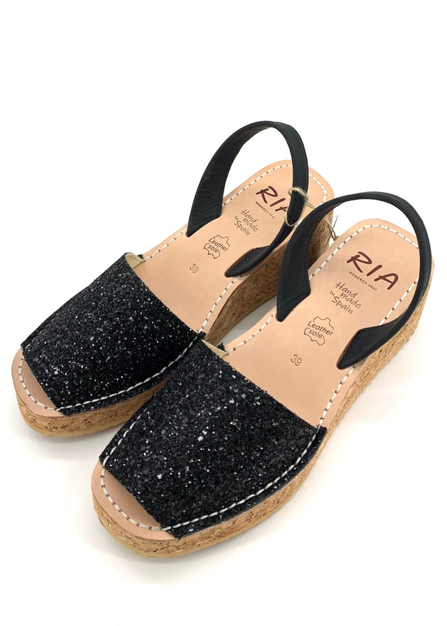 Minorchine Venecia Glitter platform sandals for women in leather and cork