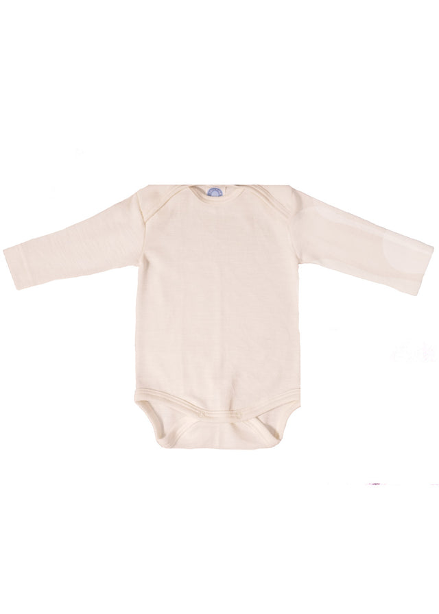 Long sleeve bodysuit for babies in organic wool and silk