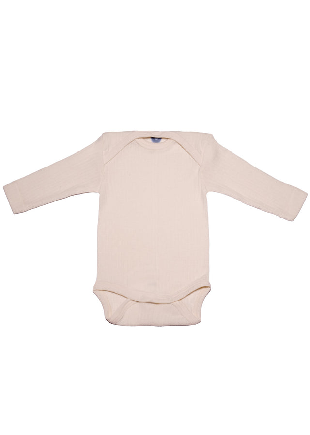 Long-sleeved bodysuit for newborns in wool, organic cotton and silk