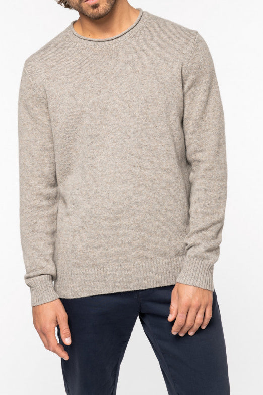 Beige men's roll neck sweater in responsible merino wool