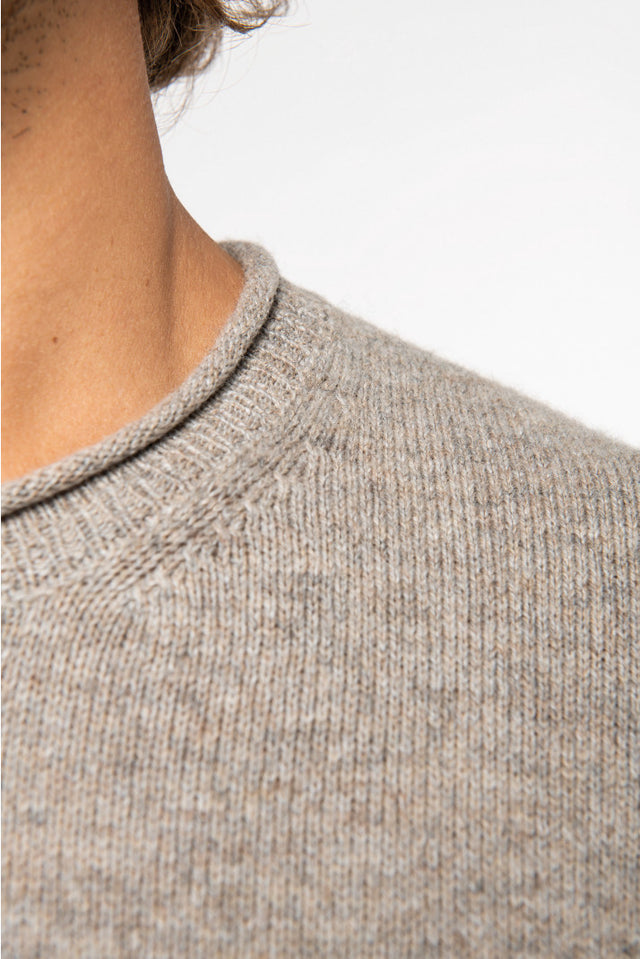 Beige men's roll neck sweater in responsible merino wool