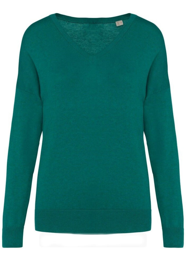 Pullover a V smeraldo da donna in Lyocell TENCEL e cotone bio