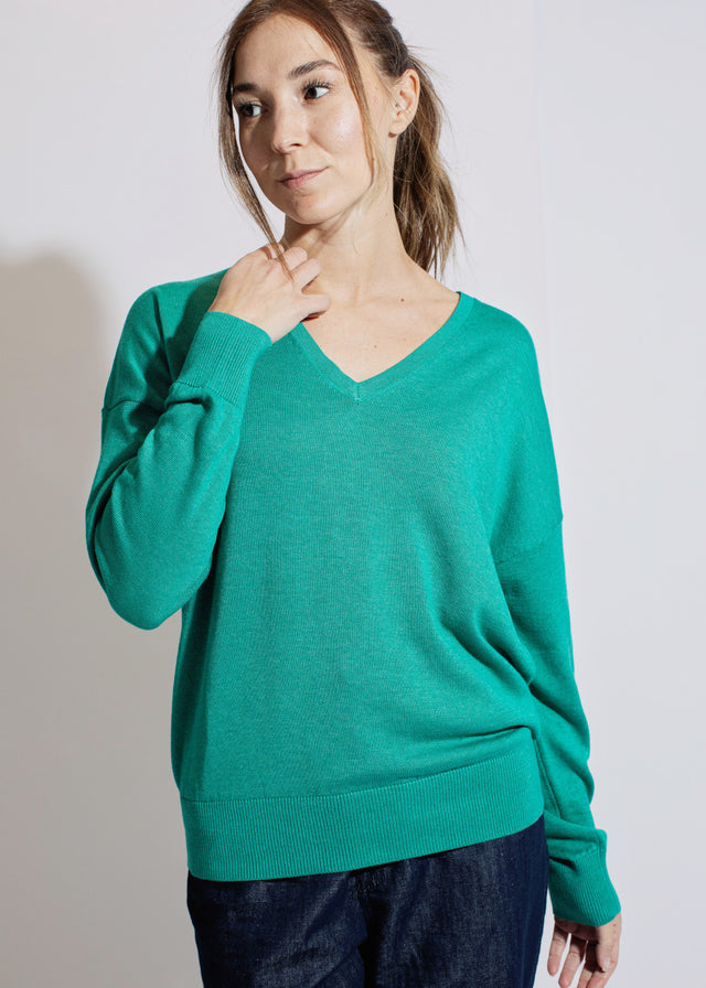 Pullover a V smeraldo da donna in Lyocell TENCEL e cotone bio