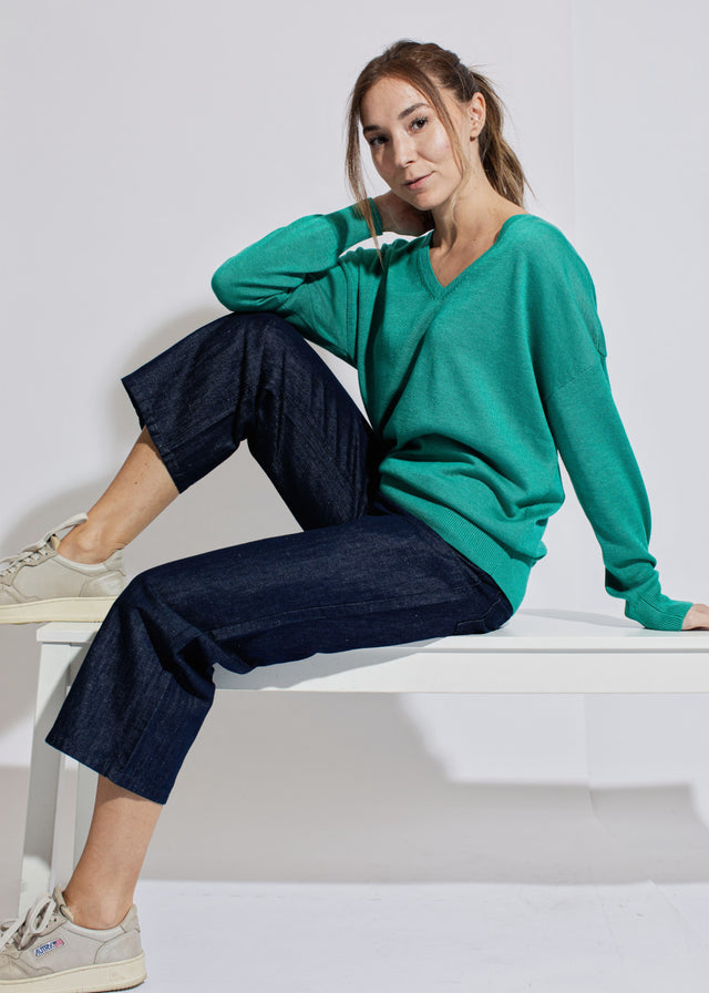 Emerald V-neck sweater for women in Lyocell TENCEL and organic cotton