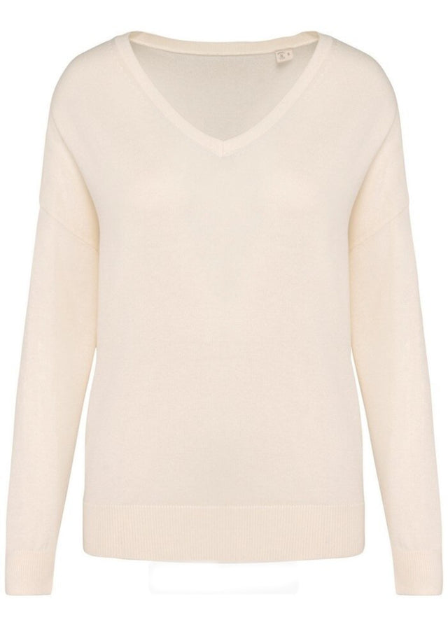 Ivory V-shaped women's sweater in Lyocell TENCEL and organic cotton