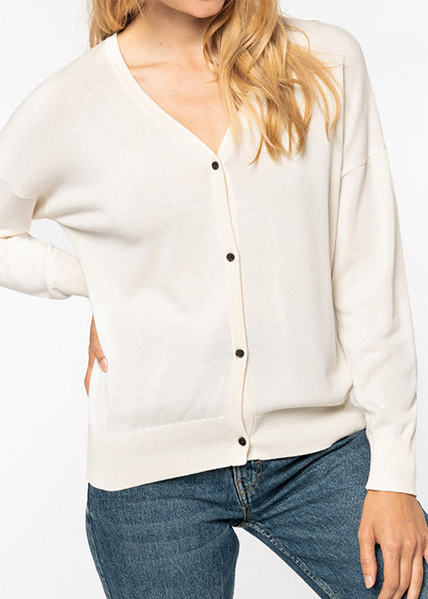 Ivory V-shaped cardigan for women in Lyocell TENCEL and organic cotton