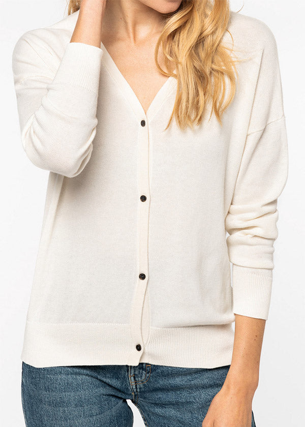 Ivory V-shaped cardigan for women in Lyocell TENCEL and organic cotton