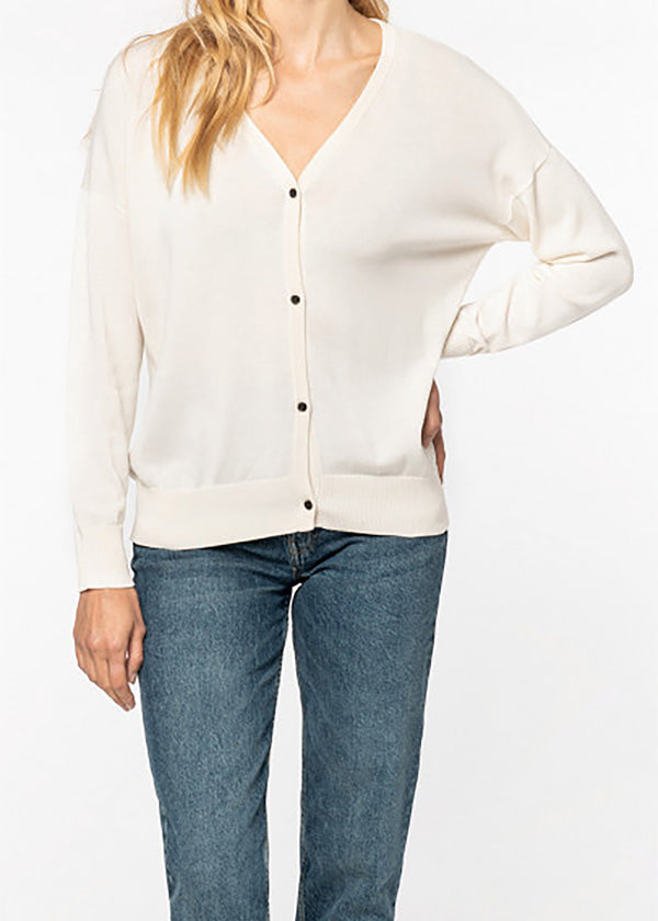 Ivory V-shaped cardigan for women in Lyocell TENCEL and organic cotton