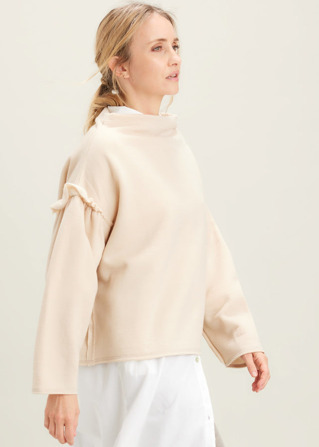 Oversized sweater with ruffles for women in pure wool fleece