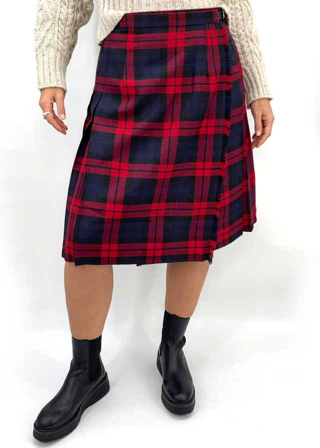 Red Blue Tartan midi Irish kilt in pure wool