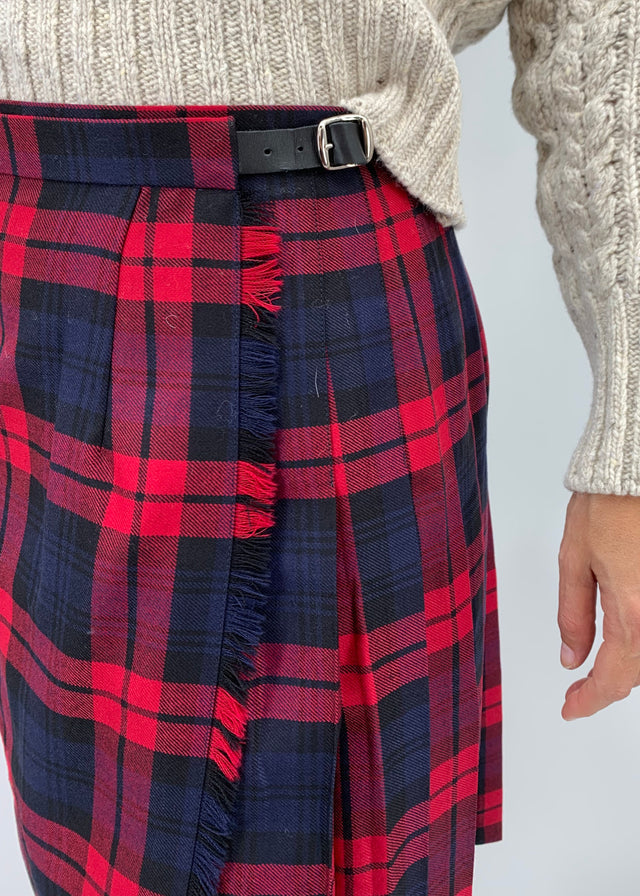 Red Blue Tartan midi Irish kilt in pure wool