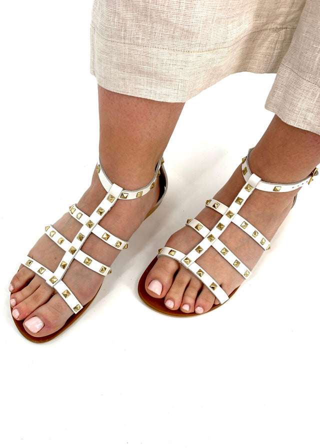 White women's sandals with natural leather studs