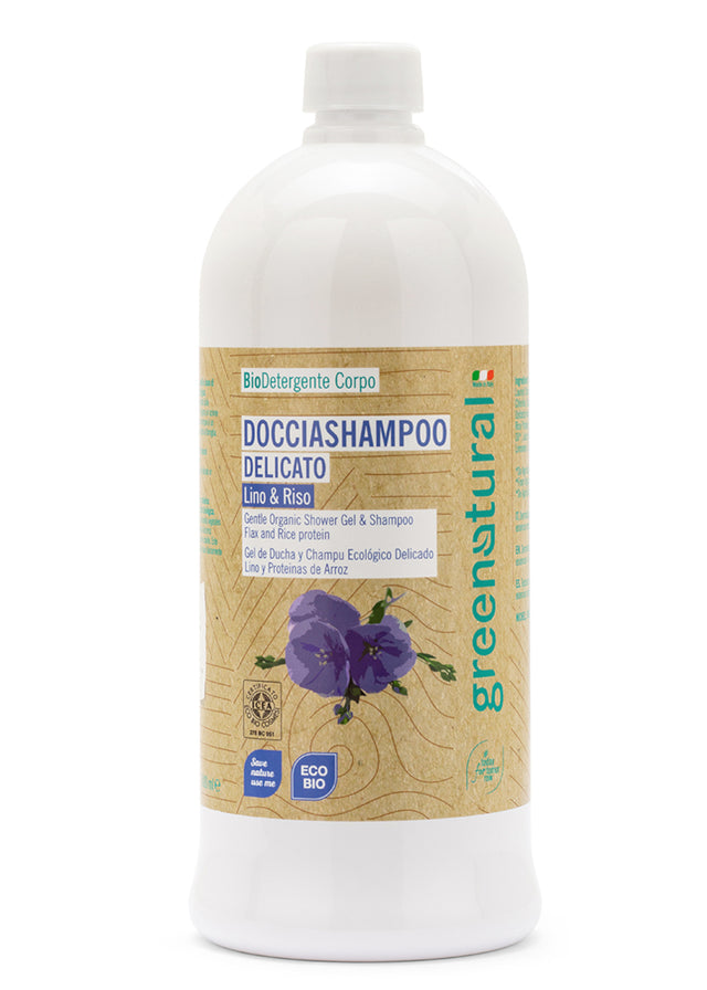 Shampoo doccia delicato eco-bio Lino e proteine del Riso - 1 lt