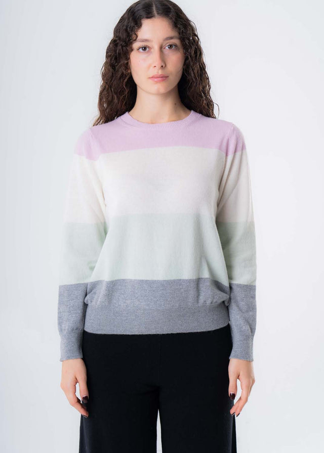 Maglione over righe pastello in lana responsabile e cashmere