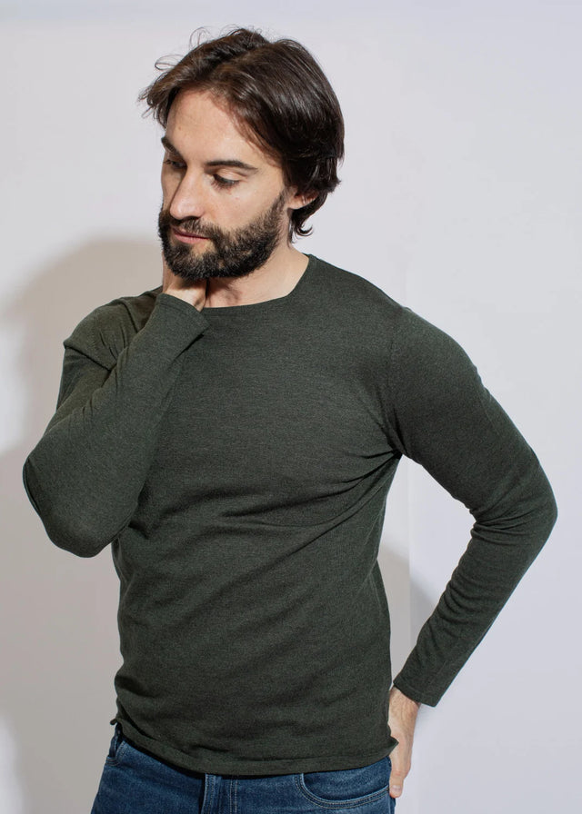 Pullover girocollo Khaki da uomo in Lyocell TENCEL e cotone bio