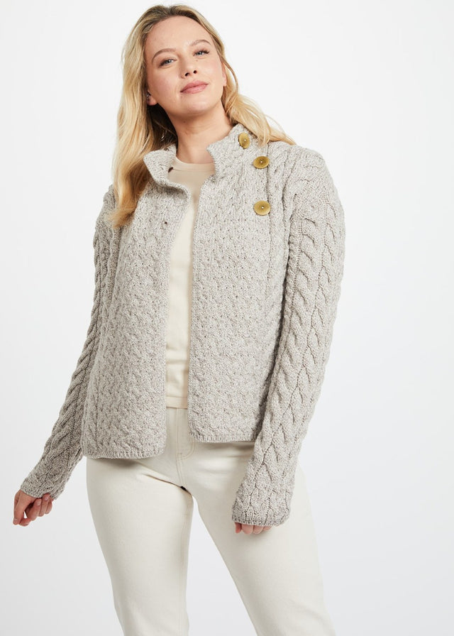 Cardigan asimmetrico da donna in lana merinos supersoft con bottoni