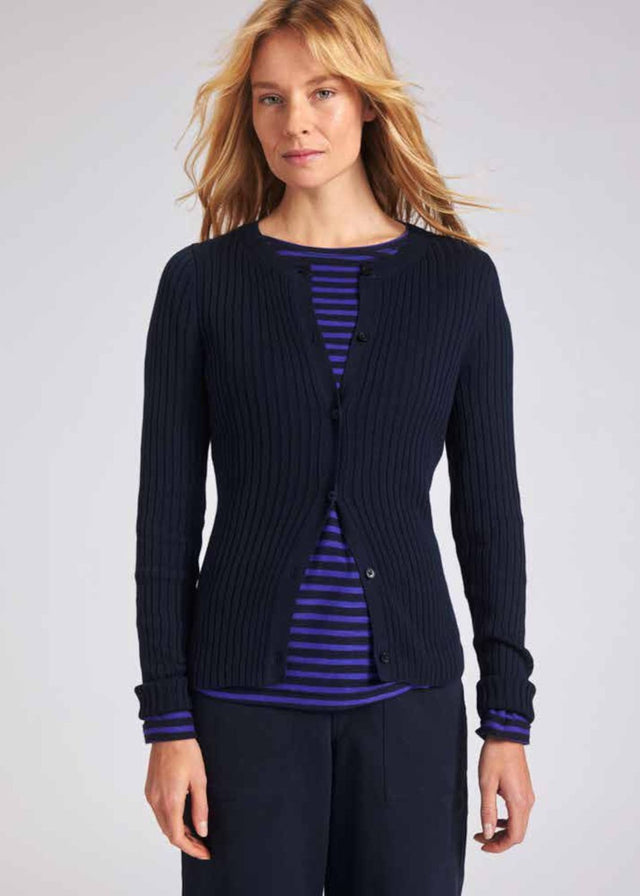 Cardigan slim a costina da donna blu in cotone organico