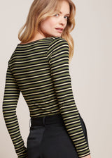 Pimm Carice Women's ECOVERO™ Striped V-Neck Long Sleeve Top - Forest Green