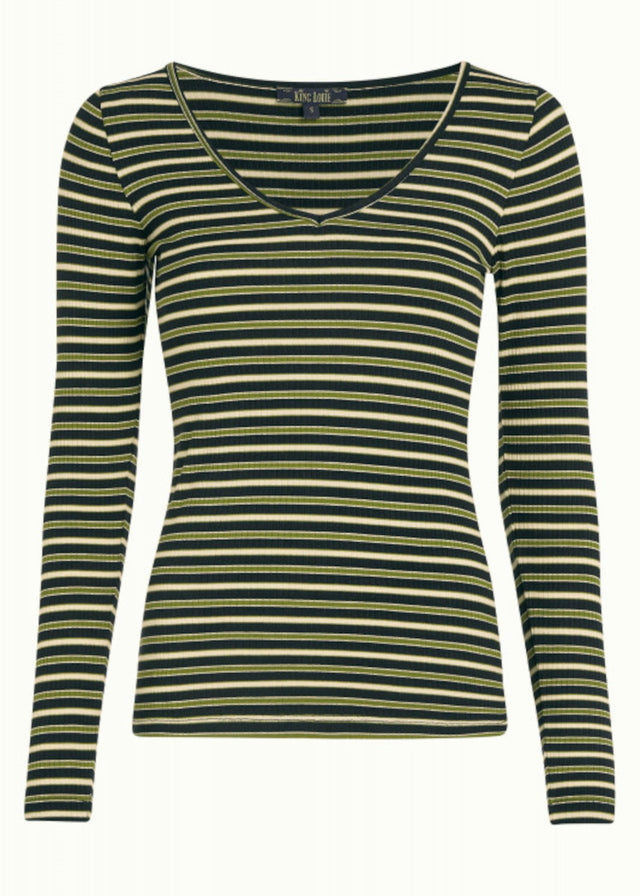 Maglia a manica lunga Pimm Carice da donna in ECOVERO™ a strisce con scollo a V -  verde bosco