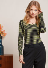 Pimm Carice Women's ECOVERO™ Striped V-Neck Long Sleeve Top - Forest Green