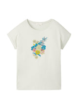 T-shirt da donna in cotone biologico con stampa floreale maniche arrotolate