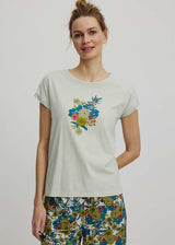 T-shirt da donna in cotone biologico con stampa floreale maniche arrotolate